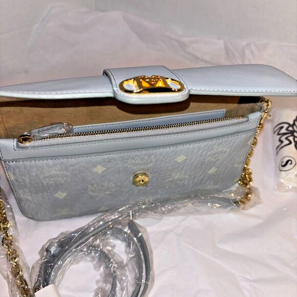MCM Crossbody Purse Gray Leather Chic Preppy Designer Understated Gold Quiet Lux - Picture 7 of 15